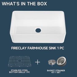 Farmhouse Sink 33 in. Single Bowl Gloss White Fireclay Kitchen Sink Apron Sink with Strainer and Bottom Grid Barn Sink