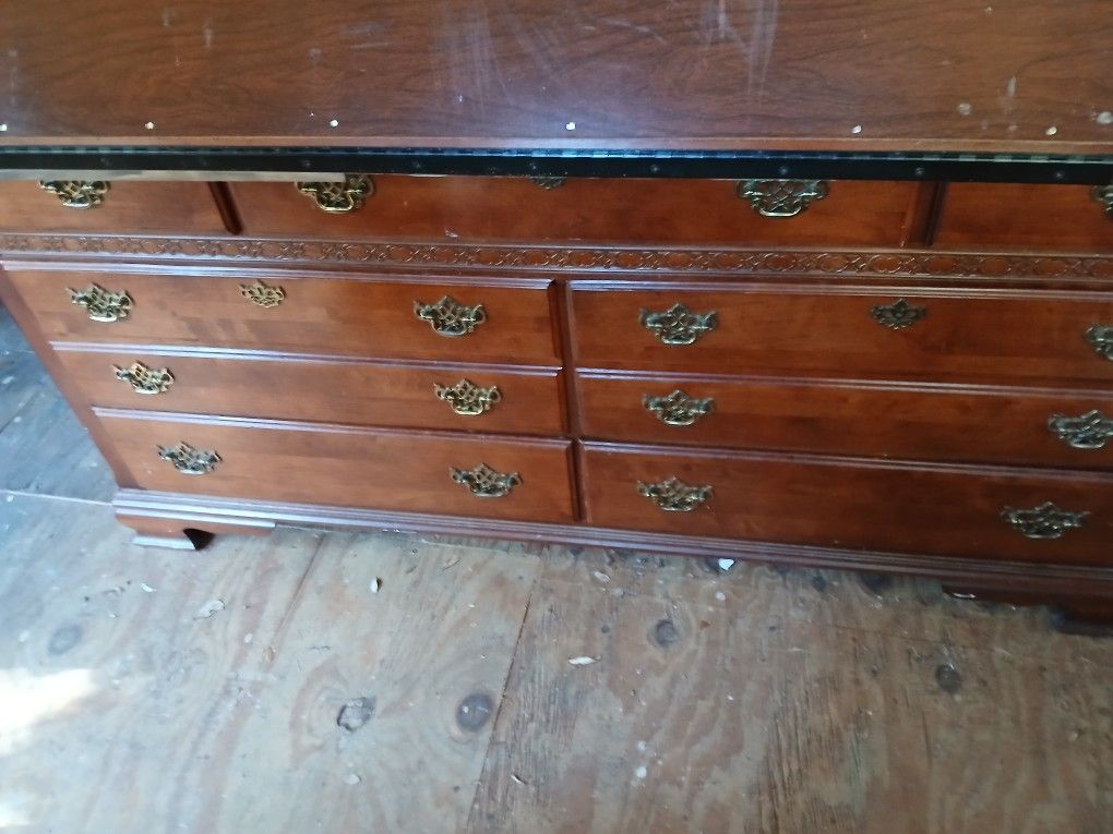 Red Cherry Wood Dresser And Mirror.