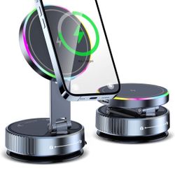 Wireless Charger Car Phone Holder for Magsafe,360°Adjustable Vacuum Magnetic Phone Holder,Nano Gel Suction Cup/RGB Light Suction Cup Mount for Non Smo