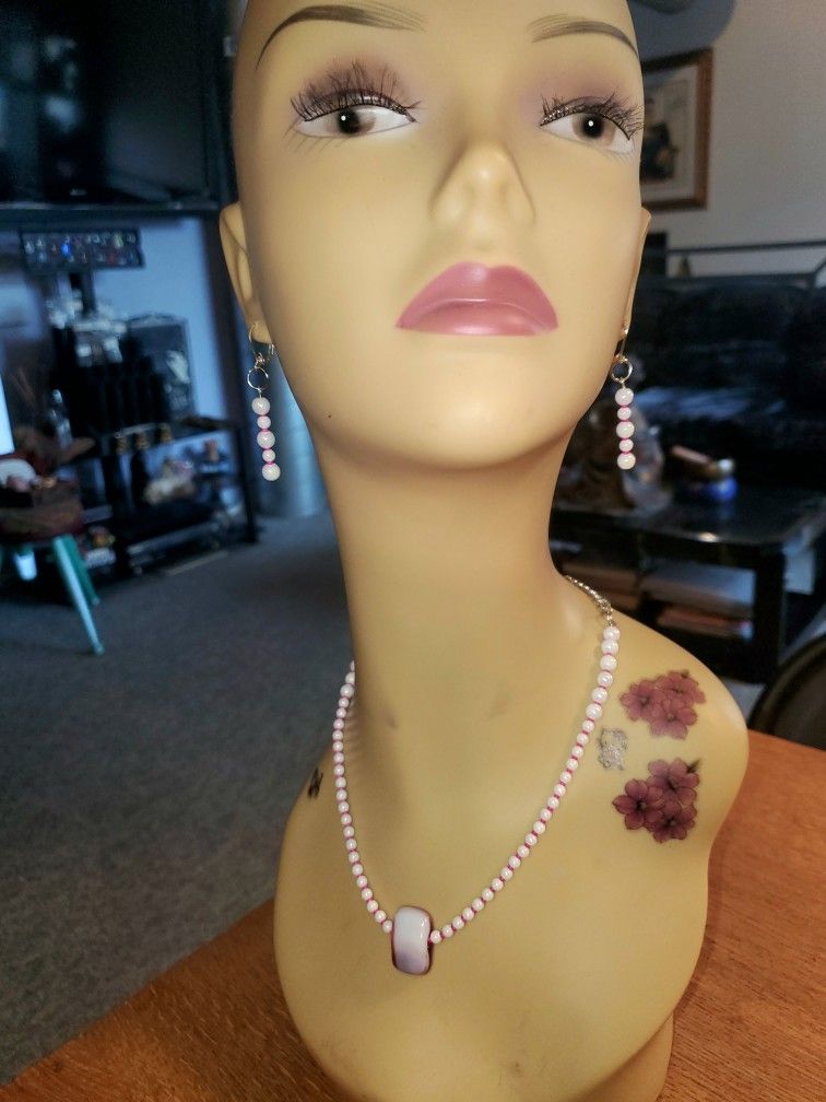 PINK FUSED GLASS PENDANT/EARRINGS SET