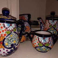 Mexican Pottery Set 6 C, 6 P, Pot, Creamer,Sugar