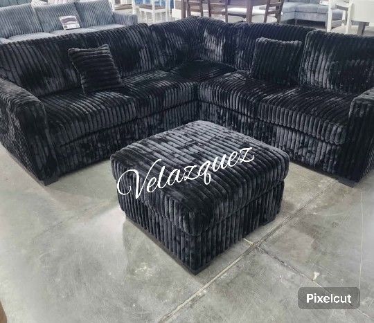 ✅️✅️ 4pc Black corduroy fabric upholstered sectional sofa with ottoman ✅️✅️