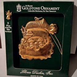 Christmas Gloria Duchin 24 Karat Gold Tone Santa Claus Ornament and Angel Pin Vintage Collectible