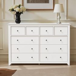 52" Large Wide Chest of Drawers, Wooden Dresser Storage Cabinet with 10 Drawers for Bedroom, Long White Dressers 