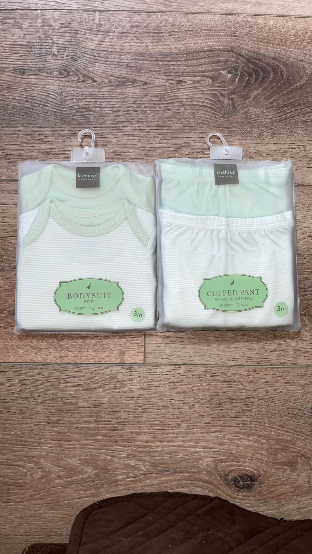 NEW ~ 3 Months, 2 Sets of Pale Green Bodysuits & Matching Pants, Made by Kushies 100% Cotton.