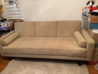 Beige Fabric Futon Sofa with Bolster Pillows