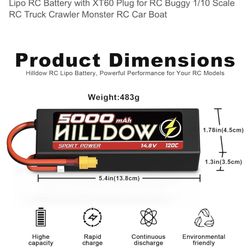 Hilldow 2 Pack 14.8V 4S 120C 5000mAh Rechargeable Lipo RC Battery with EC5 Plug for RC Buggy 1/8, 1/5