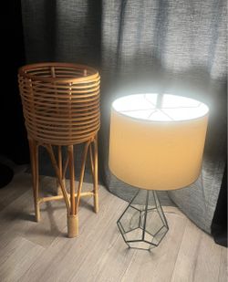 Modern Table Lamp + Boho Rattan Plant Stand – Excellent Condition