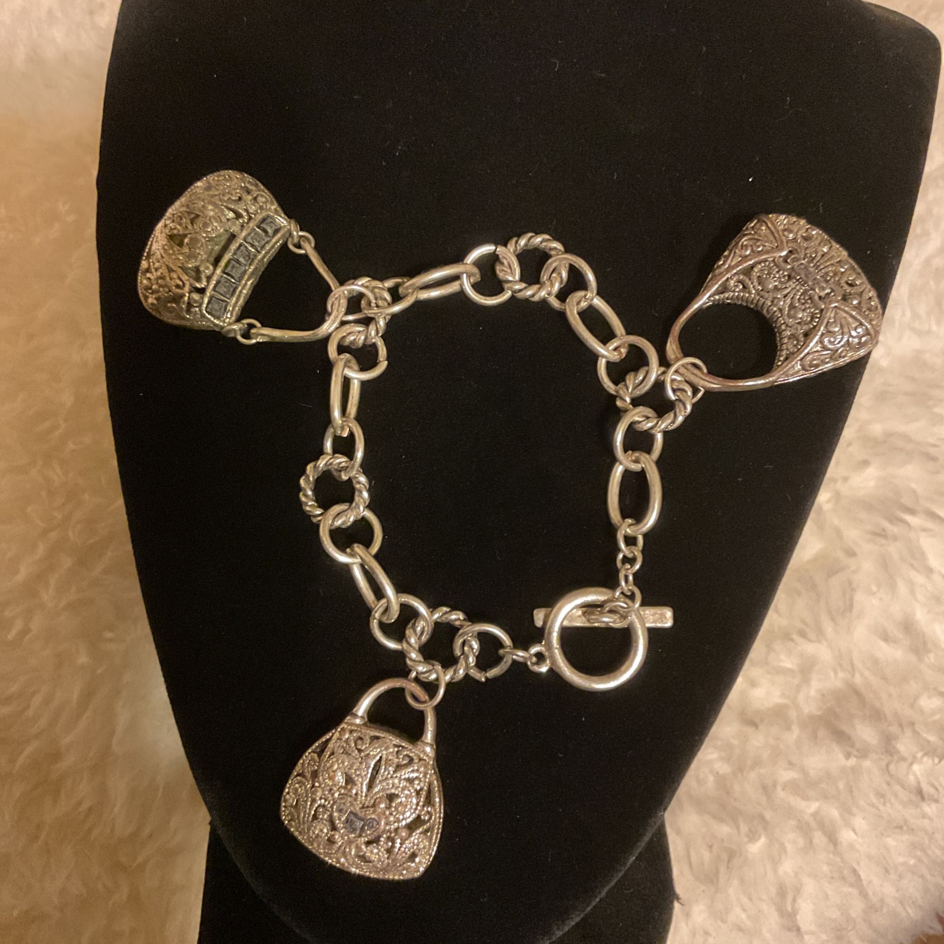 Vintage Solid Silver Tone Charm Bracelet with Purse π Charms