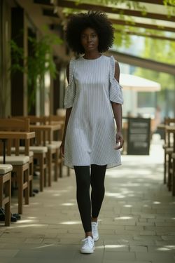 Cute Striped Tent Dress With Off The Shoulder Sleeves