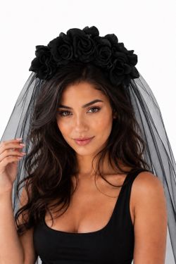 24 Black Rose Flower Crowns with Black Veils – Bulk Lot