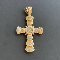 Solid 10k Yellow Gold Big Cross Charm & Natural Baguette Round Diamonds 31 gram