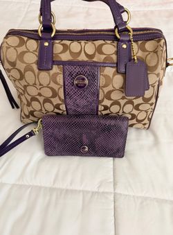 Coach Signature Canvas Satchel Bag with Purple Wallet Set