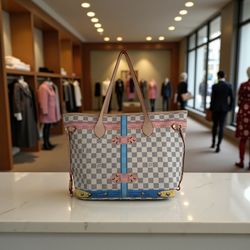 Stylish Checkered Canvas Tote Bag Multicolor Trim Large Shoulder Shopper Purse with Matching Pouch