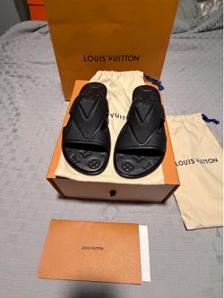 100% Authentic Louis Vuitton Men's Black Logo Slide Sandals Leather LV UK Size 10