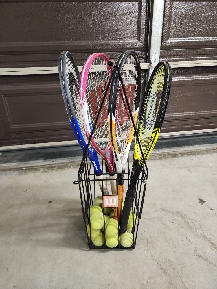 4 Tennis Rackets And Ball Basket