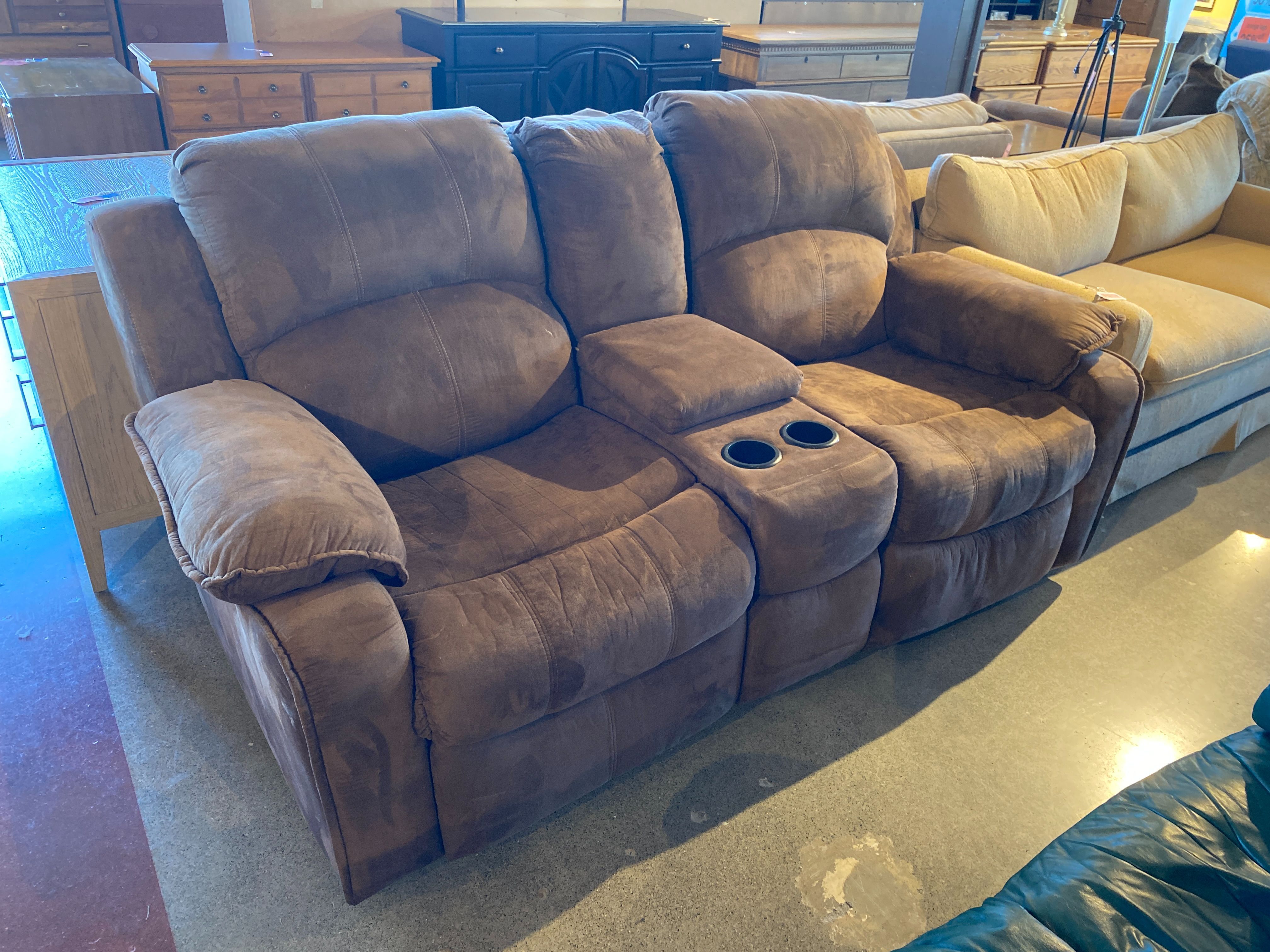 Plush Brown Double Recliner with Center Console
