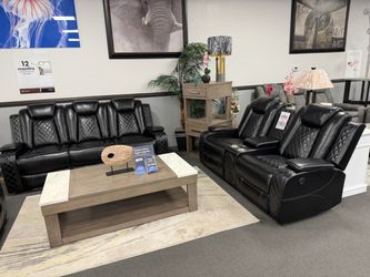 Black Leather Power Reclining Sofa and Loveseat Set+ FREE Recliner Chair Bluetooth Speakers