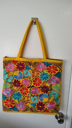 Yellow Floral Embroidered Tote Bag