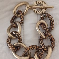 Vtg.Monet Gold Tone & Snake Print Links TOGGLE Bracelet