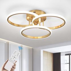 Modern Ceiling Light Fixture,3 Rings Dimmable Flush Mount Ceiling Light with Remote Control, Gold Close to Ceiling Lighting Fixtures for Bedroom Livin
