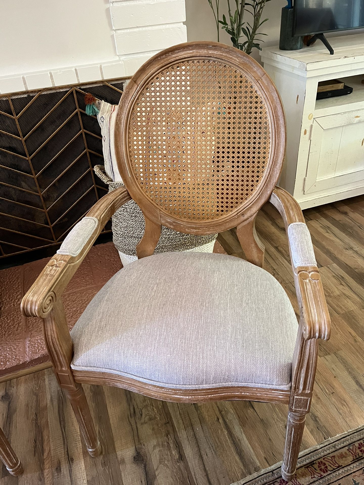 2 Classic NEW Gray Upholstered with Rattan Back French Chairs