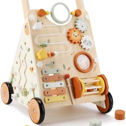New Wooden Baby Walker, Baby Push Walker with Activity Center for Girls Boys, Montessori Push Walker