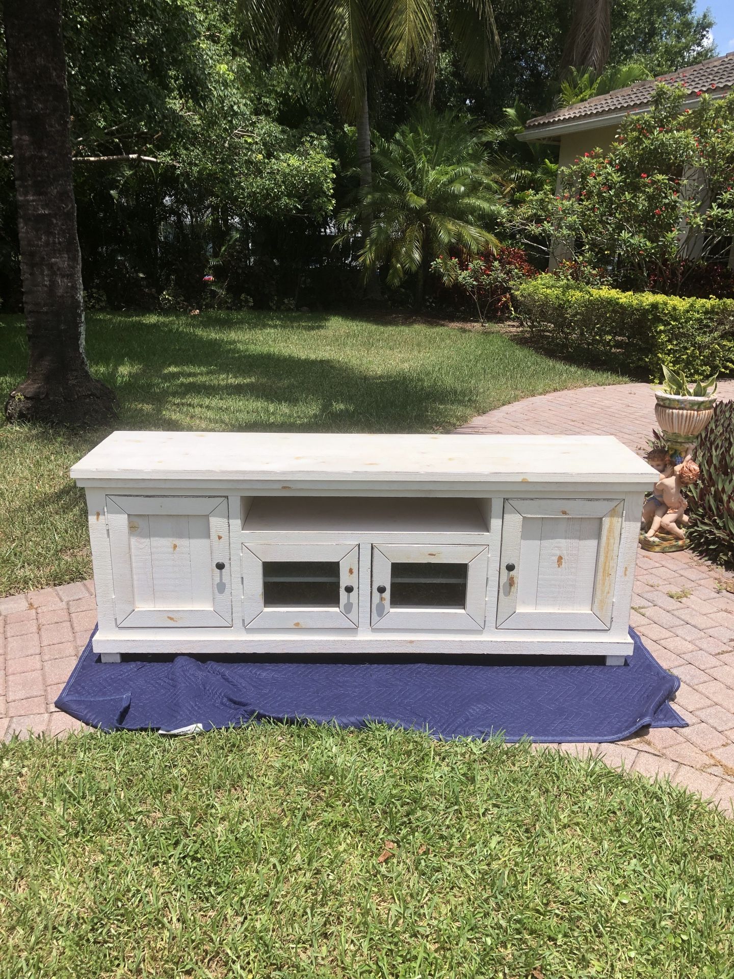 74” TV Console Table In Distressed White - Excellent Condition
