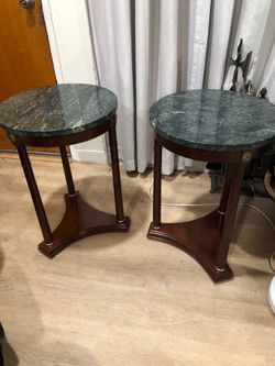 Bombay Co French Empire Neoclassical Style Mahogany Marble Side Table, a Pair