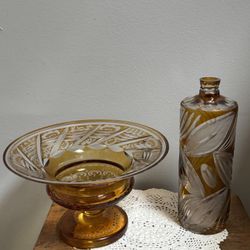 Amber Cut To Clear Bohemian Compote & Decanter
