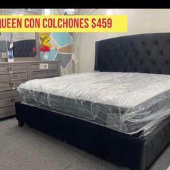 New Queen Bed Frame W/matrress • Nueva Cama Queen Con Colchones 