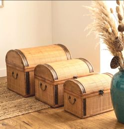 Vintage Bamboo Rattan Storage Chests Set of 3 Stacking Beautiful!