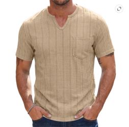 Men's Large  Knit V Neck Tan & cream checkered pocket tee