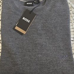 Brand New Gray Hugo Boss Knit Crew Neck Long Sleeves Men's Sweater. Size Medium