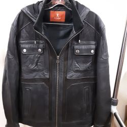 Men Pea Coat Leather Jacket With Hood