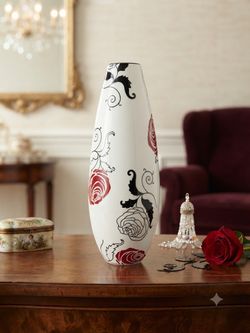 Tall White Ceramic Vase with Rose Pattern