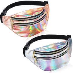 2 Pieces Holographic Fanny Pack Metallic Color Sport Waistbag