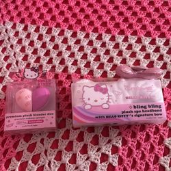 Hello Kitty makeup plush spa headband and Hello Kitty premium plush beauty blender duo