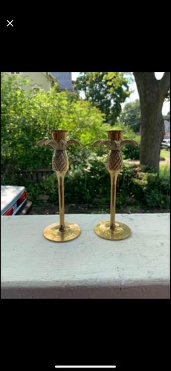 Vintage Pair Pineapple Brass Candleholders 