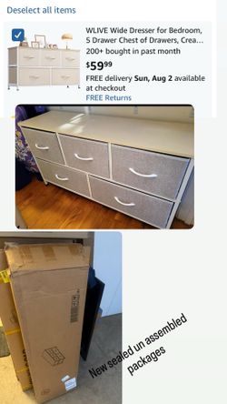 Wide Dresser for Bedroom, 5 Drawer Chest of Drawers, Cream White 5 roomy fabric drawers, Wide storage design, Bedroom or closet use, Sturdy steel fram