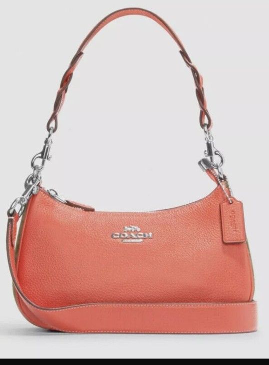 New Coral Tangerine COACH Teri Shoulder Bag In Signature Canvas