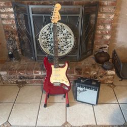 Squire Strat By Fender (Affinity Series) ⭐️ Candy Apple Red. Fender Frontman amplifier included! Back in BLACK Beauty” Strat also pictured.