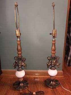 Vintage antique hobnail milk glass cherub lamps