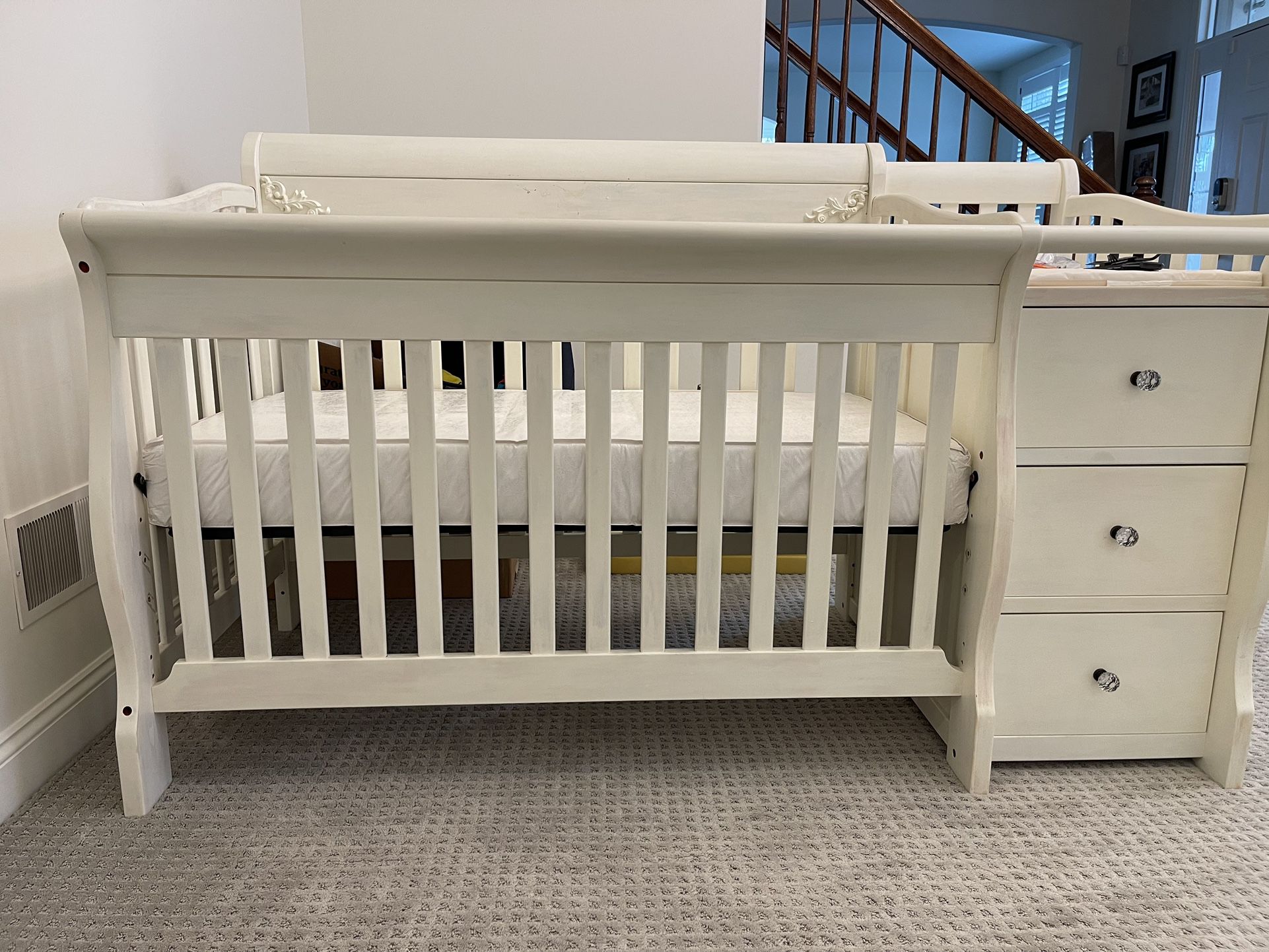 Refinished Crib With 3 Drawers And Storage Shelves 
