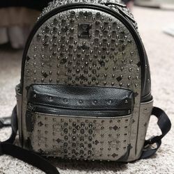 MCM Silver Black Leather Studded Backpack 