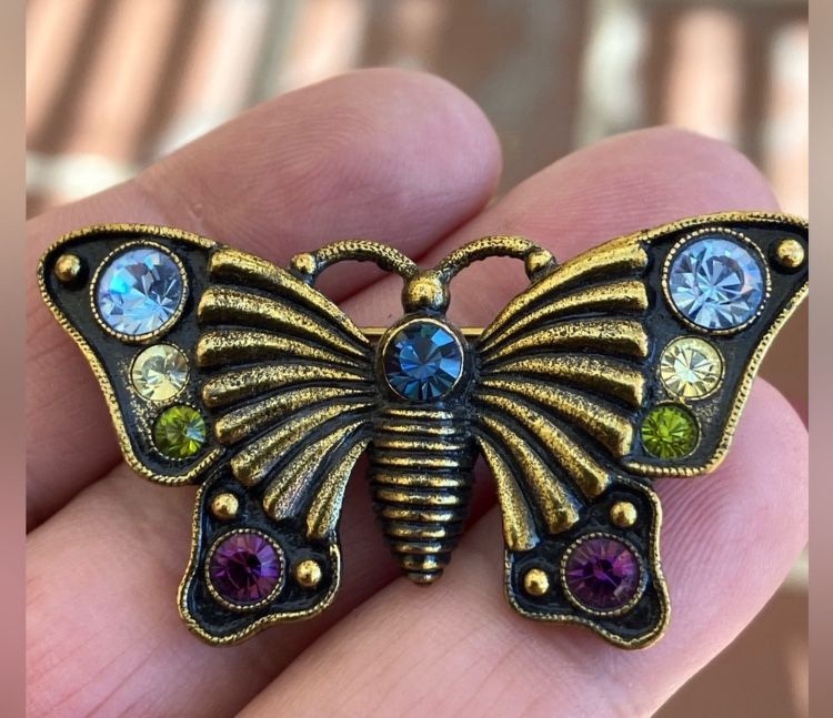 Vintage Butterfly Rhinestone Brooch Brass Finish