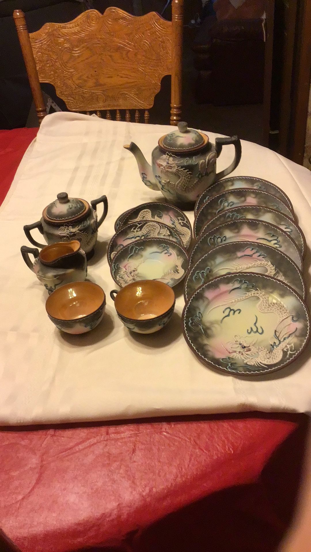 Tea Set Japanese Moriage Dragonware Hand Painted 18 Pc Antique Japan Vintage VTG