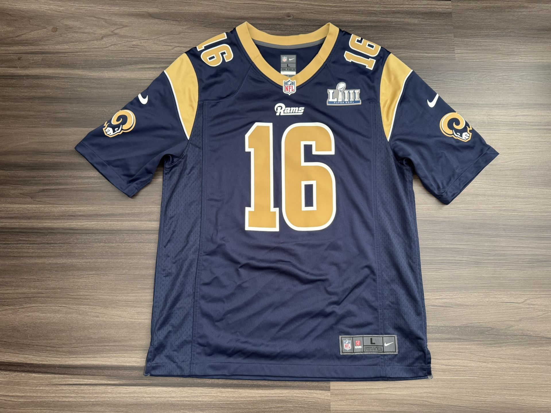 Nike Los Angeles Rams Jared Goff #16 Super Bowl LIII 53 Patch NFL Jersey Men’s L 100% authentic. Good condition. Lightly worn. The product is a Men
