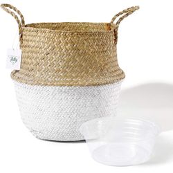 Seagrass Plant Basket - Hand Woven Belly Basket with Handles, Middle Storage Laundry, Picnic, Plant Pot Cover, Home Decor and Woven Straw Beach Bag (L