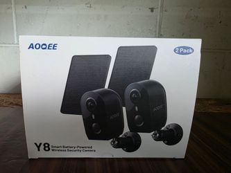 2-pack of AOQEE Y8 battery-powered security cameras, designed for wireless outdoor use